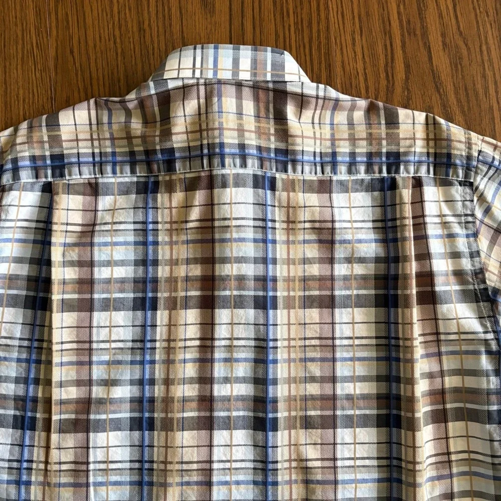 St. Croix Men‎ Button Down Shirt Large Tan Blue Plaid Cotton Italy Pocket EUC!